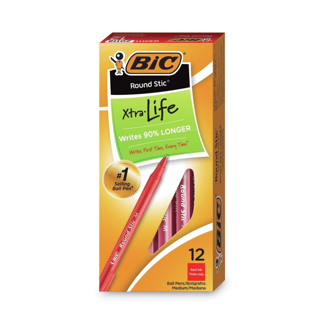 BIC Round Stic Xtra Life Medium 1 mm. Stick Ballpoint Pen - Red Ink/Translucent Red Barrel (1-Dozen)